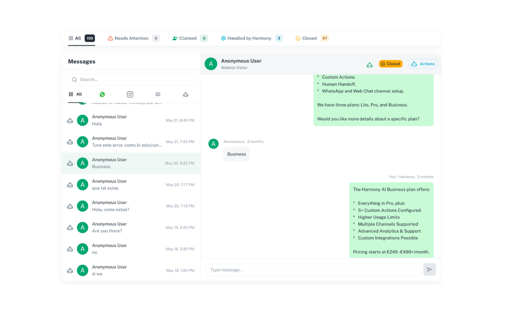 Screenshot of the Harmony AI unified dashboard showing multi-channel conversations.
